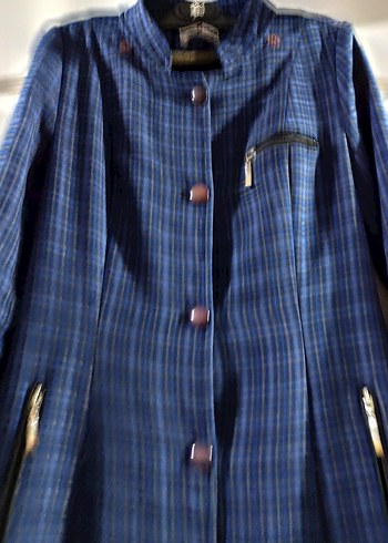 Düğmeli Lacivert Ekoseli Kadın Uzun Kaban - Görsel 2