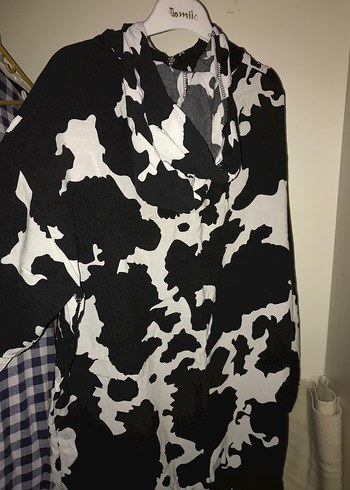 l Beden Kadın Siyah Beyaz Tie-Dye Fermuarlı Ceket