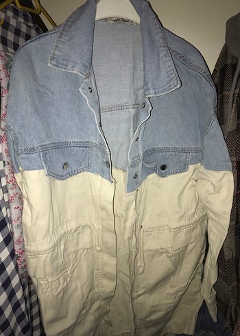 Düğmeli Beyaz Açık Mavi Midi Denim Ceket