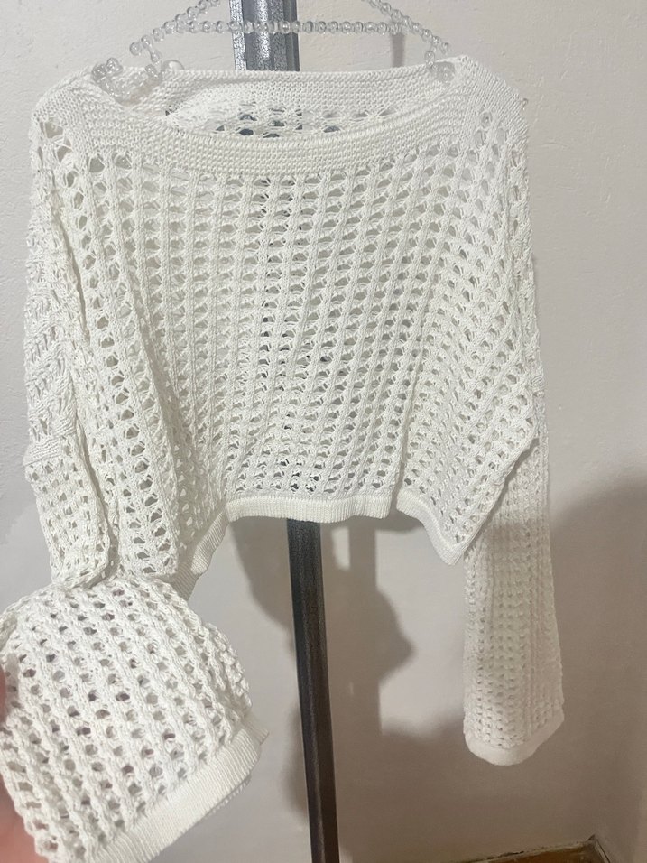 Bohem Tarz Beyaz Örgü Kadın Kazak - Görsel 2