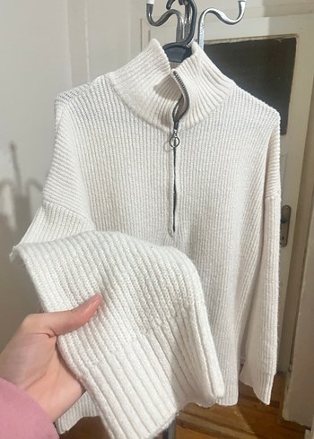 Yarım Fermuarlı Yüksek Yaka Beyaz Triko Kazak - Görsel 2