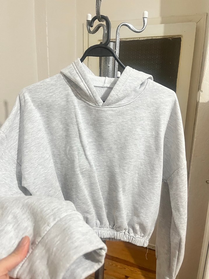 Gri Kapüşonlu Salaş Sweatshirt - Görsel 2
