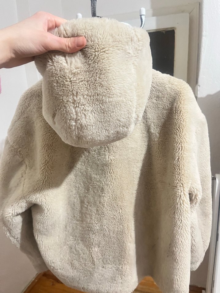 Bej Midi Boy Kadın Peluş kürk mont - Görsel 5