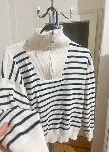 Çizgili Yarım Fermuarlı Yaka Kadın Kazak - Görsel 2