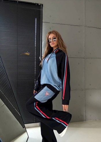 universal Beden Guess Mavi Gri Kapüşonlu Denim Takım