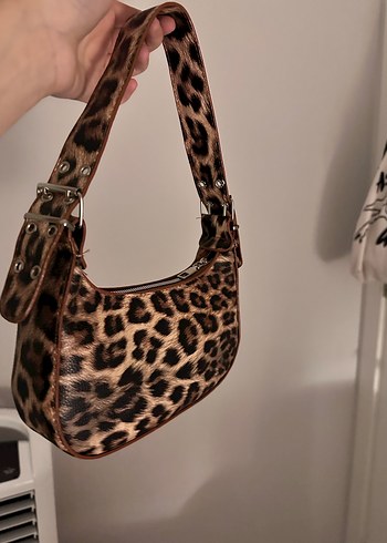 Beden kahverengi Renk Kahverengi Leopar Desenli Deri Kadın Çanta