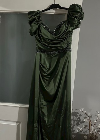 Kadın Khaki Uzun Drapeli Abiye Elbise - Görsel 4