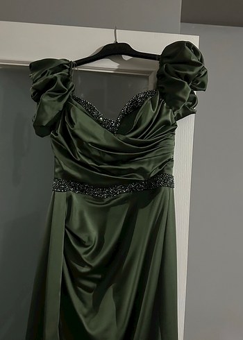 Kadın Khaki Uzun Drapeli Abiye Elbise - Görsel 3