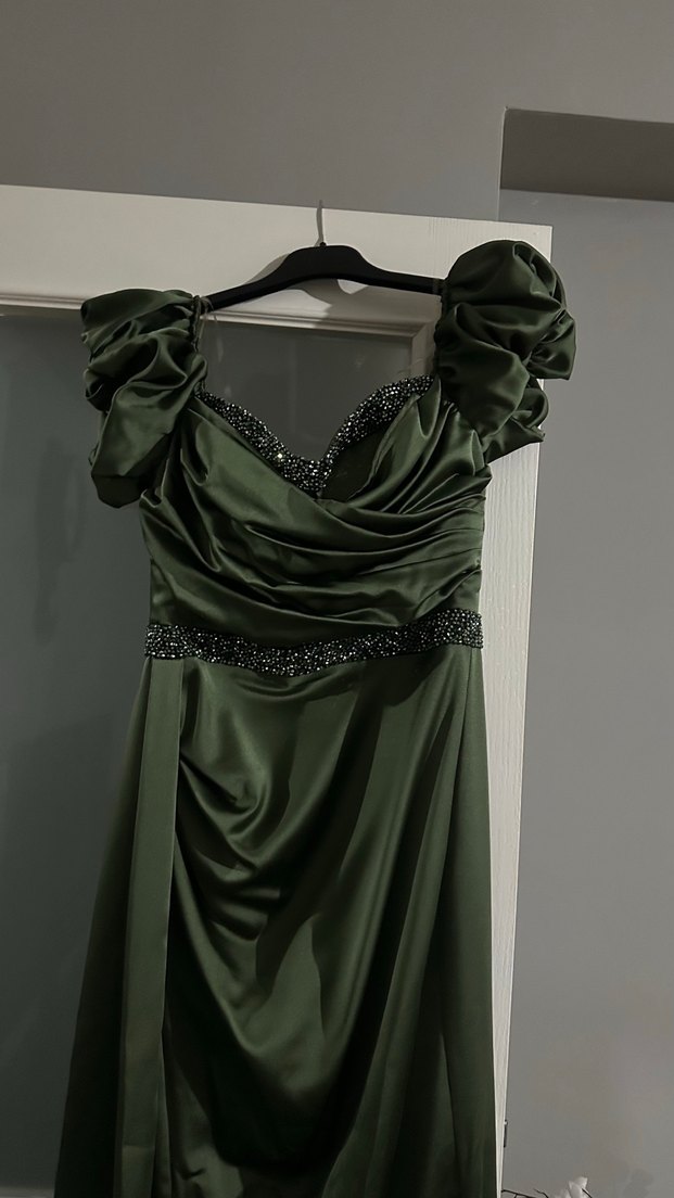 Kadın Khaki Uzun Drapeli Abiye Elbise - Görsel 3