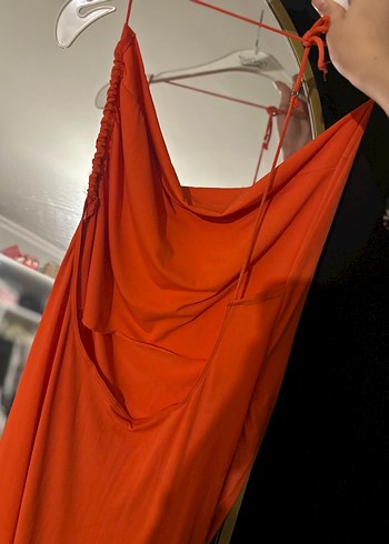 Drapeli Kırmızı Uzun Kadın Elbise - Görsel 3