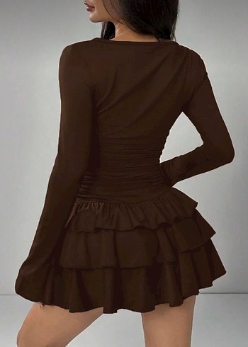 Kahverengi Mini Elbise, Uzun Kollu, Fırfırlı - Görsel 2