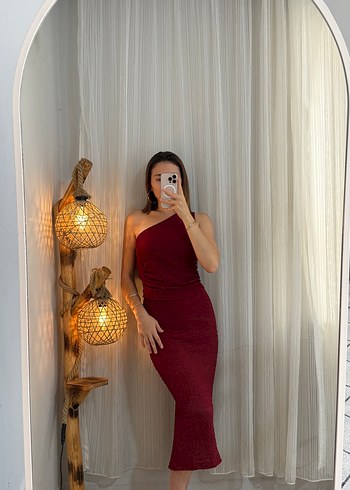 s Beden bordo Renk Bordo Drapeli Uzun Tek Omuz Elbise