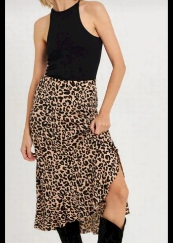 Leopar Midi Etek Yırtmaçlı