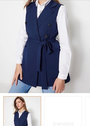 Mavi Kemerli Kadın Denim Yelek