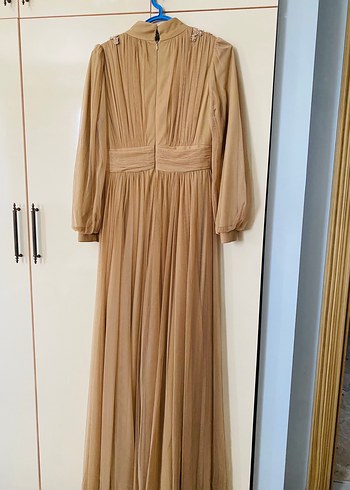 40 Beden camel Renk Bej Nakışlı Vintage Uzun Elbise
