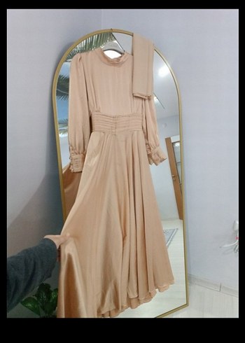 Bej Pilili Uzun Kol Elbise - Görsel 2