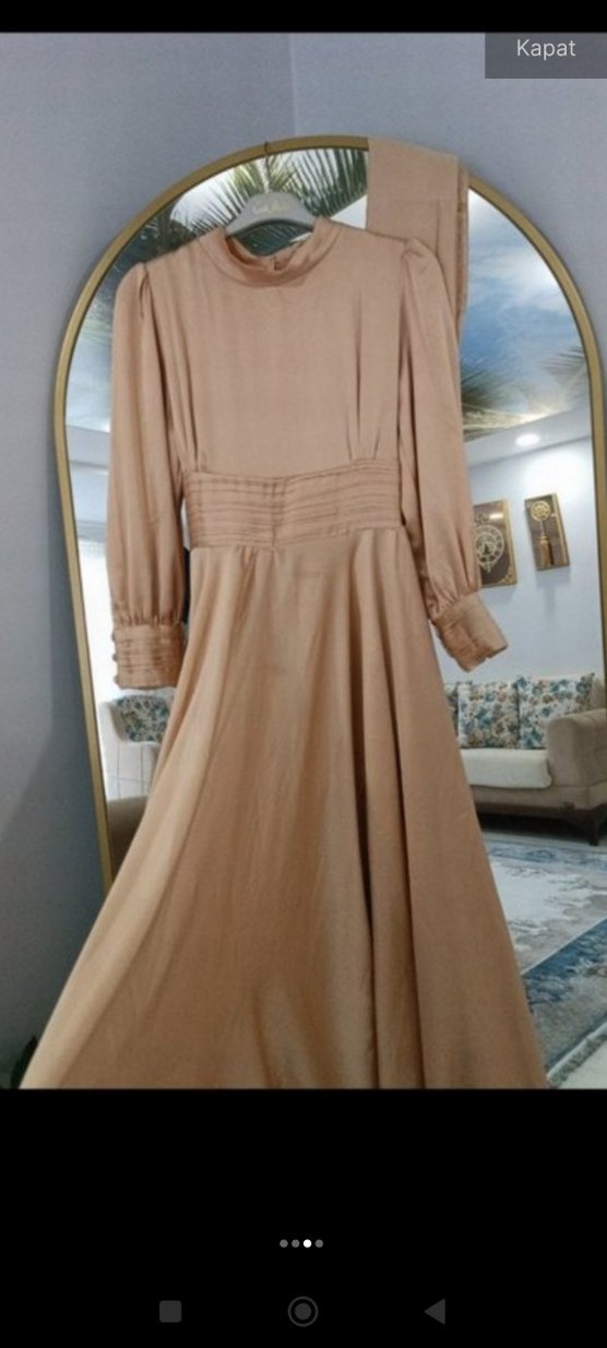 Bej Drapeli Uzun Abiye Elbise - Görsel 3