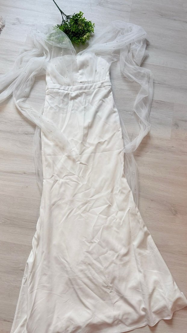 Beyaz Straplez Bohem Mini Gelinlik - Görsel 2