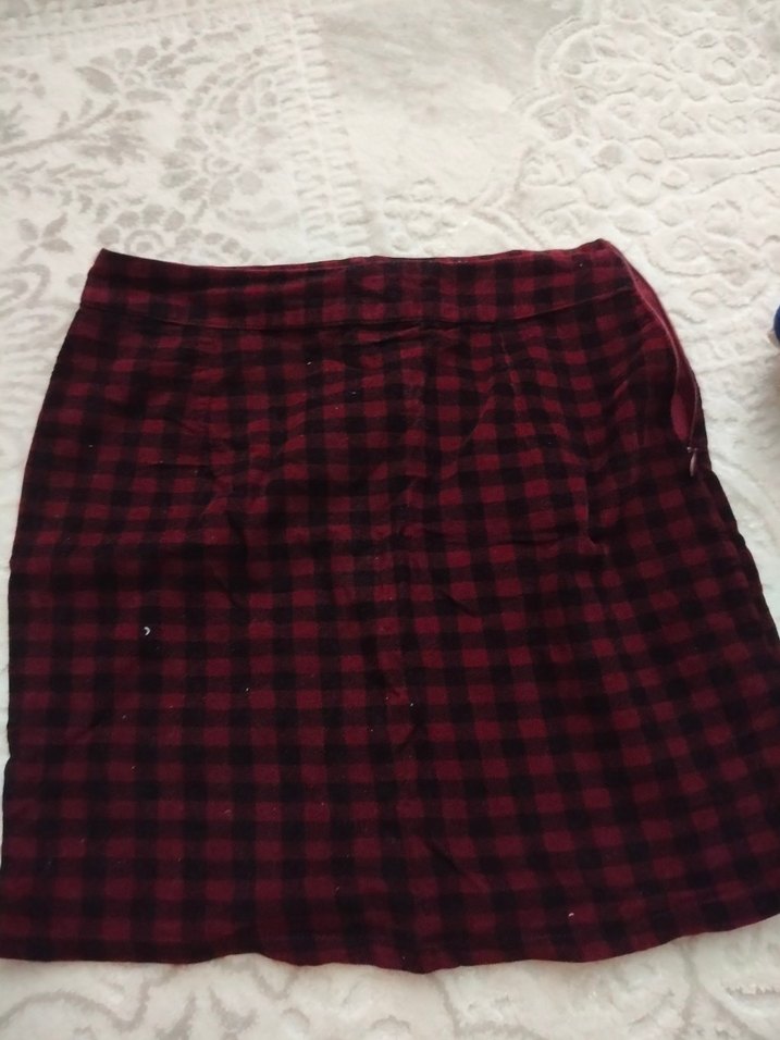 Bordo Ekoseli Fermuarlı Hamile Midi Etek - Görsel 2