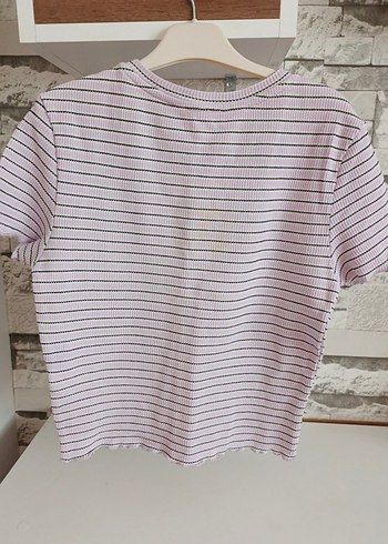 Lila Çizgili Kısa Kollu Crop Tişört - Görsel 2