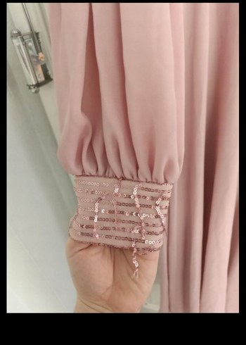 Uzun Kollu Pembe Drape Abiye Elbise - Görsel 3