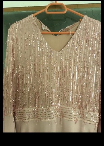 Uzun Kollu Pembe Drape Abiye Elbise - Görsel 5