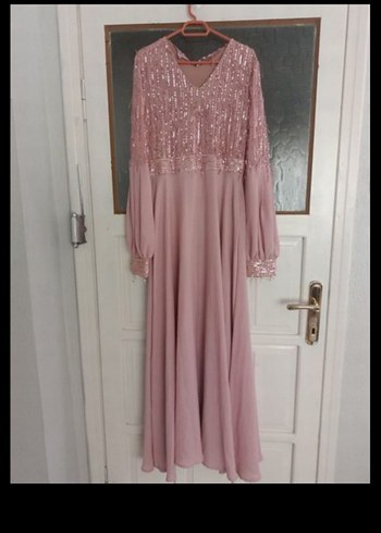 Uzun Kollu Pembe Drape Abiye Elbise - Görsel 4