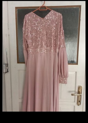 Uzun Kollu Pembe Drape Abiye Elbise - Görsel 2