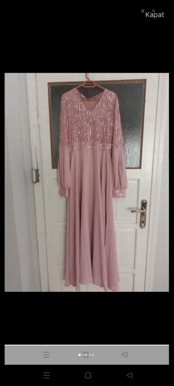 Uzun Kollu Pembe Drape Abiye Elbise - Görsel 4