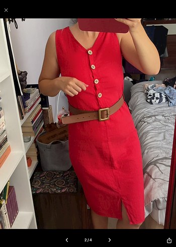 Diğer Kemerli Kırmızı Midi Keten Elbise