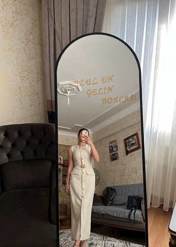 Zara Bej altın detaylı uzun elbise