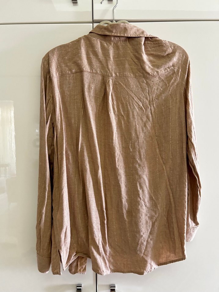 Bej Parlak Keten Kadın Gömlek - Görsel 2