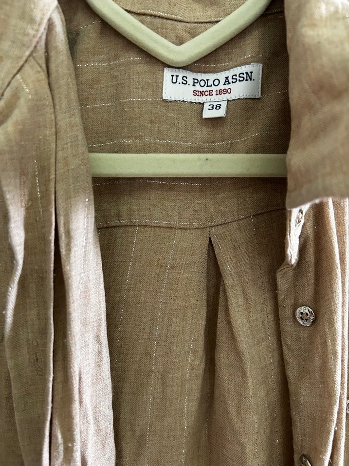 Bej Parlak Keten Kadın Gömlek - Görsel 3