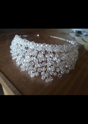 Boncuk İşlemeli Modern Beyaz Gelin Tacı - Görsel 2