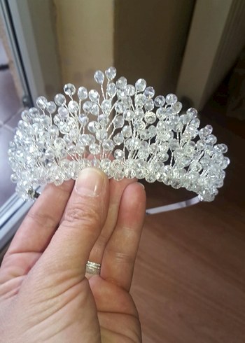 Boncuk İşlemeli Modern Beyaz Gelin Tacı - Görsel 3