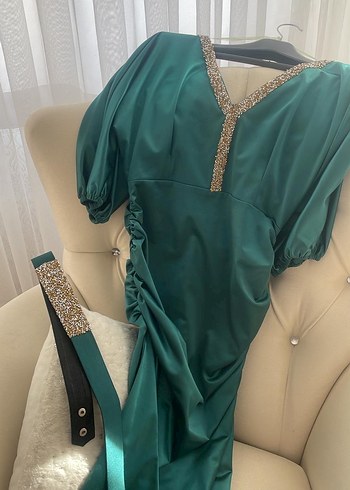 Parlak Turkuaz Uzun Drapeli Abiye Elbise - Görsel 2