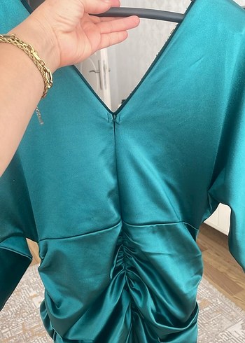 Parlak Turkuaz Uzun Drapeli Abiye Elbise - Görsel 3