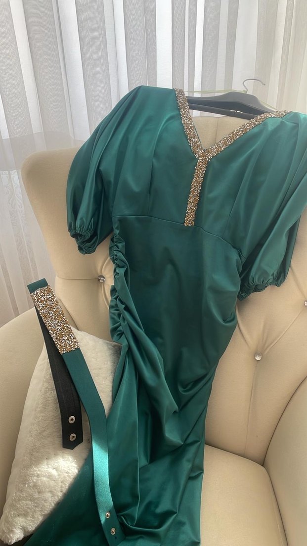 Parlak Turkuaz Uzun Drapeli Abiye Elbise - Görsel 2