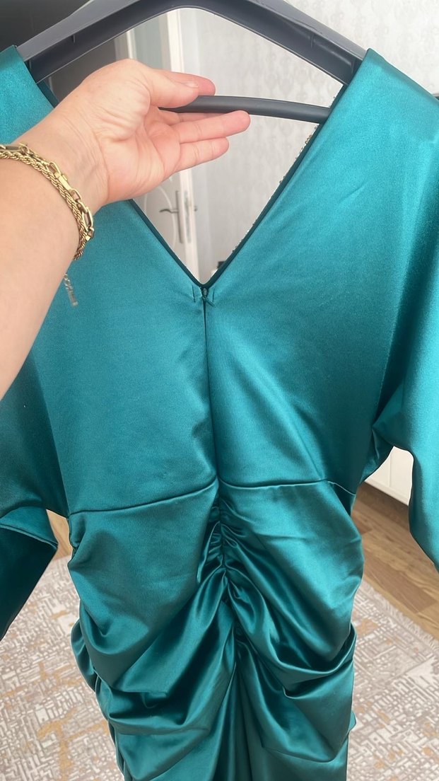 Parlak Turkuaz Uzun Drapeli Abiye Elbise - Görsel 3