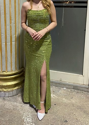 Parlak Yeşil Straplez Uzun Abiye Elbise - Görsel 2