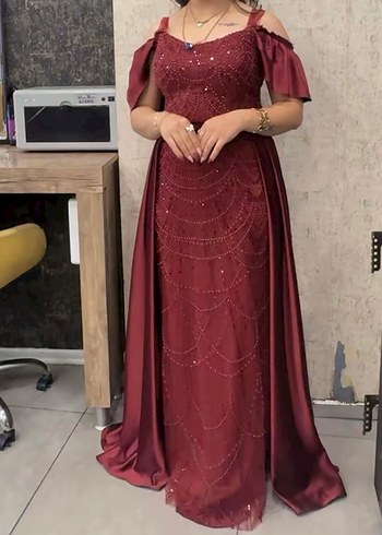 Bordo Uzun Abiye Elbise Straplez Nakışlı - Görsel 3