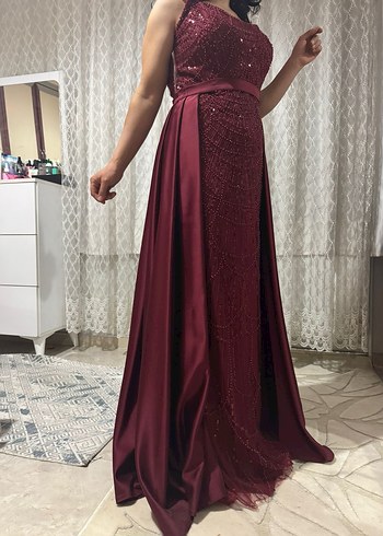 Bordo Uzun Abiye Elbise Straplez Nakışlı - Görsel 4