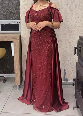 Bordo Uzun Abiye Elbise Straplez Nakışlı - Görsel 2