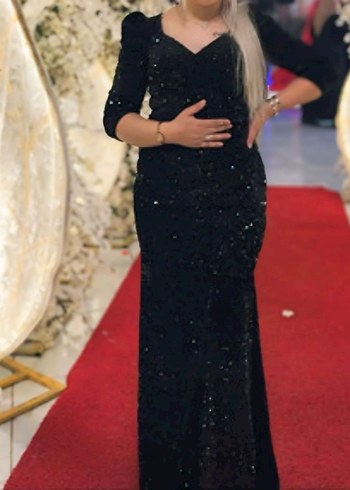 Siyah Parlak Uzun Kollu V Yaka Abiye Elbise - Görsel 2