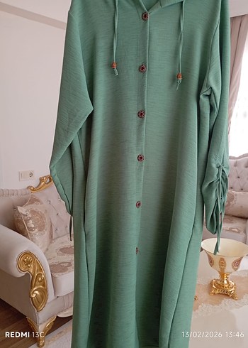 Uzun Kollu Düğmeli Yeşil Keten Tunik - Görsel 2