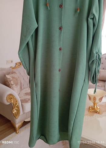 Uzun Kollu Düğmeli Yeşil Keten Tunik - Görsel 3