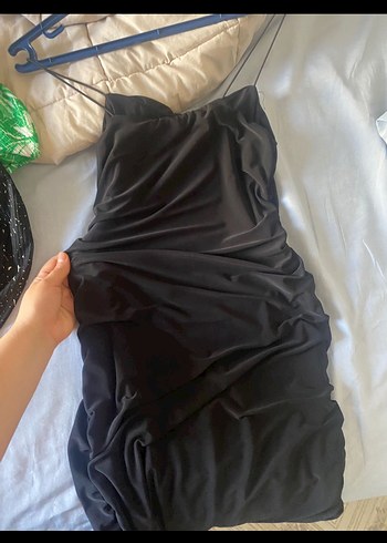 Siyah Drapeli Askılı Uzun Kadın Elbise - Görsel 2