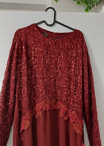 Bordo Uzun Kollu Nakışlı Abiye Elbise - Görsel 2