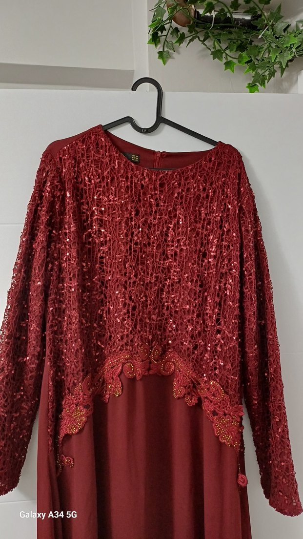 Bordo Uzun Kollu Nakışlı Abiye Elbise - Görsel 2