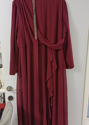 Bordo Uzun Kollu Salaş Abiye Elbise - Görsel 2